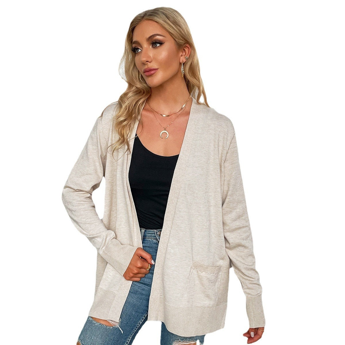 Damen lässiger Strickcardigan mit tiefem V-Ausschnitt und praktischen Taschen GR