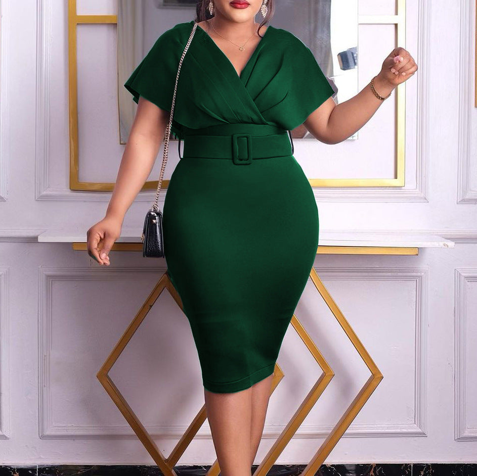 GR | Damen V-Ausschnitt Figurbetontes Midi Kleid mit Gürtel