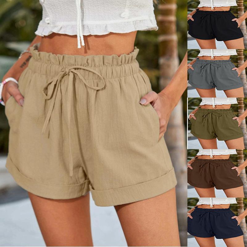 Women's elegant high-waisted fabric shorts with side pockets, size