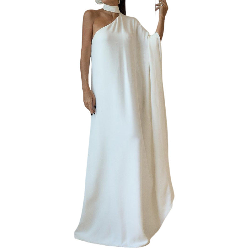 Women's elegant one-shoulder evening dress with flowing fabric and chic collar, size S