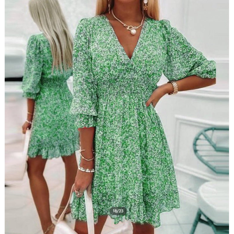 Damen Blusenkleid im romantischen Floral-Design mit V-Ausschnitt und Rüschenärmeln GR