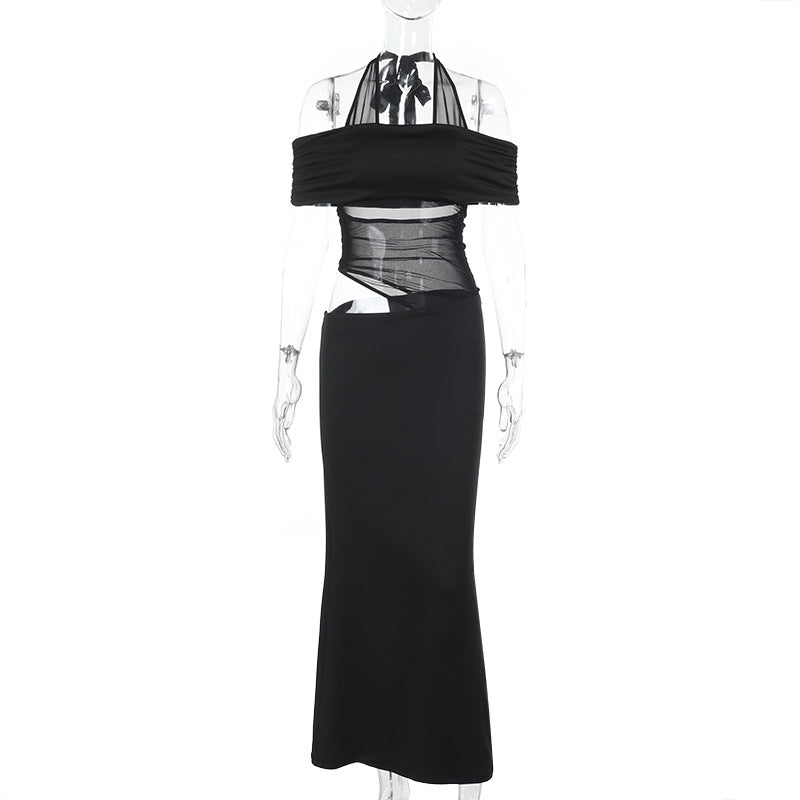 Women's cocktail dress with off-the-shoulder design and sophisticated mesh insert, size S