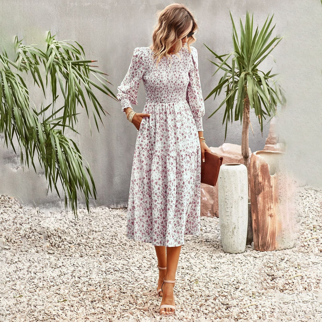 Damen florales Midi-Kleid mit geraffter Taille und langen Ärmeln GR