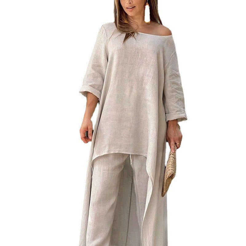 GR | Cotton Linen Loose Irregular Long Sleeve Two-Piece Set