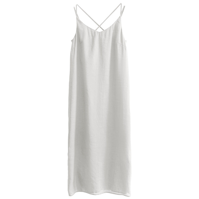 Women's elegant linen dress with adjustable spaghetti straps and flowing cut, size S