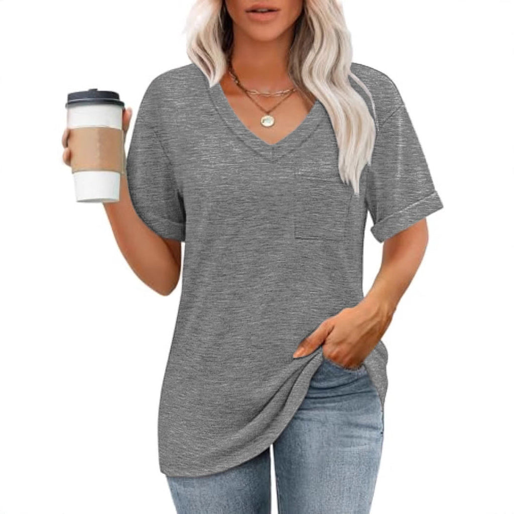 Damen V-Ausschnitt T-Shirt mit Taschen und lässiger Passform GR