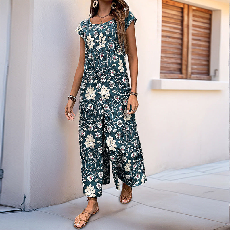 Women's jumpsuit with floral design and chestnut brown tie belt, size