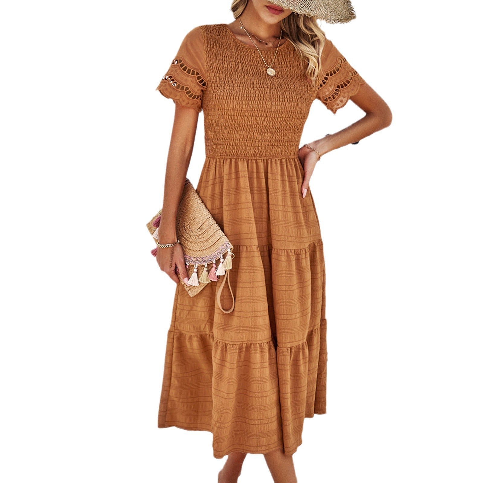 Women's midi dress with puff sleeves and elasticated top, size