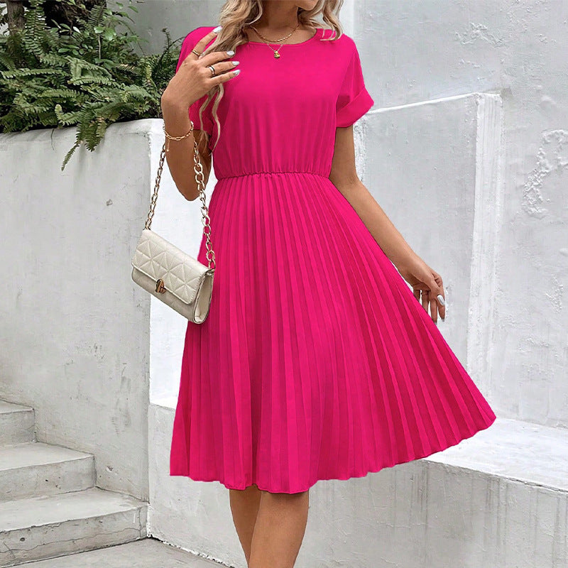Women's pleated midi dress with elasticated waistband and short sleeves, size