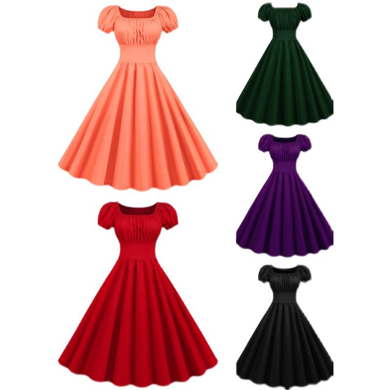 Damen Vintage Kleid mit Puffärmeln und schwingendem Rock GR