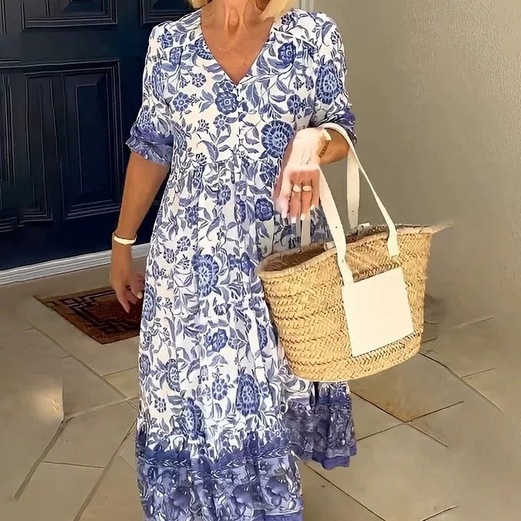 GR | Three-quarter sleeve long floral tie-dye print dress