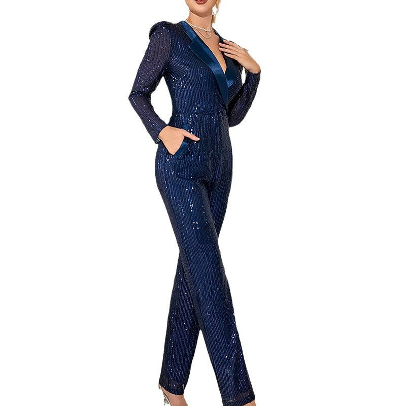 Women's sparkling jumpsuit with a figure-flattering cut and elegant V-neck, size [size]