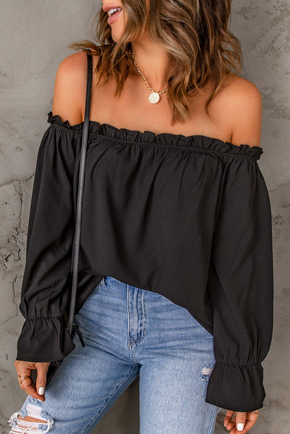 Women's chic off-the-shoulder top with ruffle details and elasticated cuffs, size [size missing]