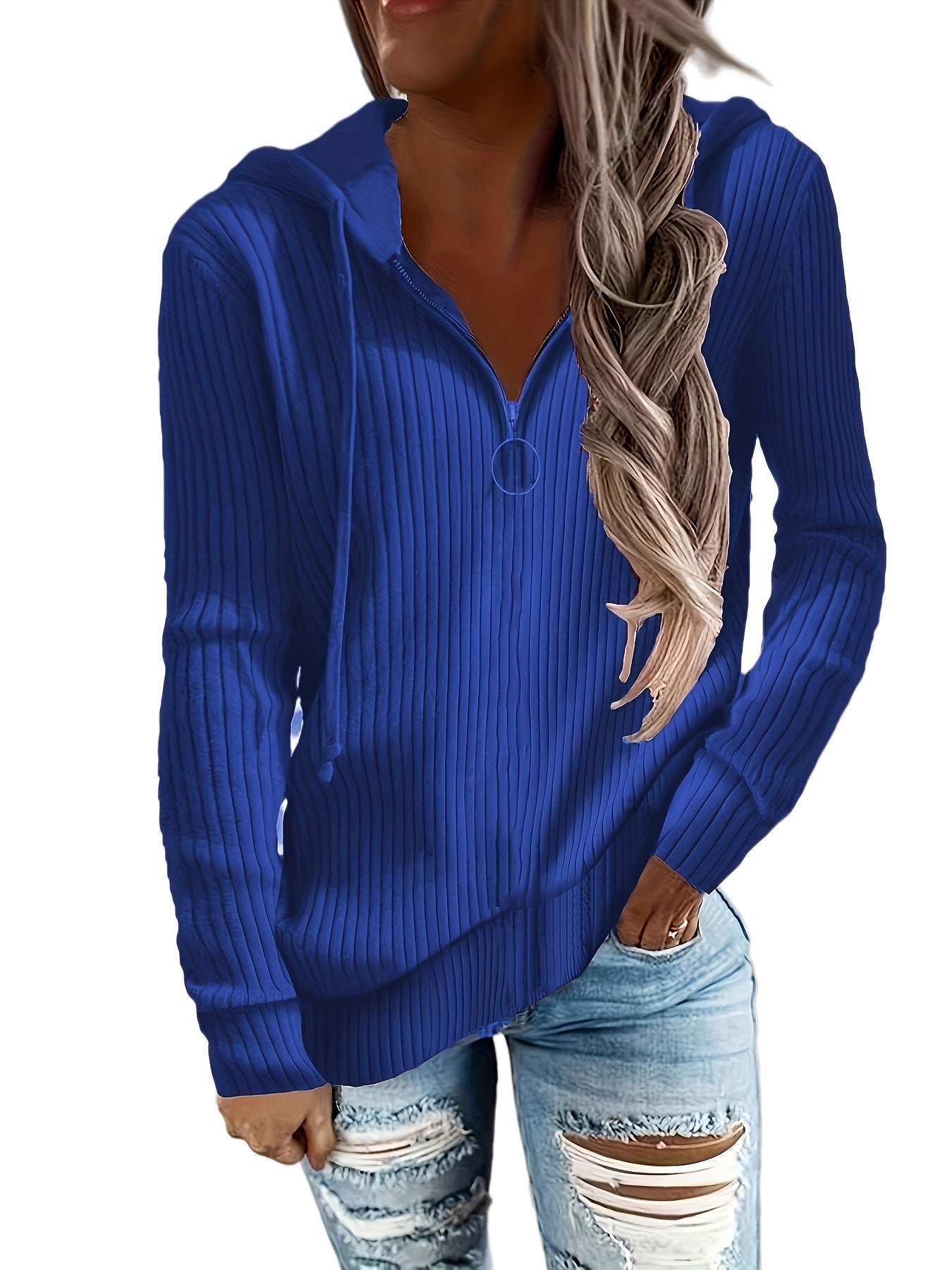 Damen Hoodie mit Reißverschluss und lässigem Rippenstrickdesign GR