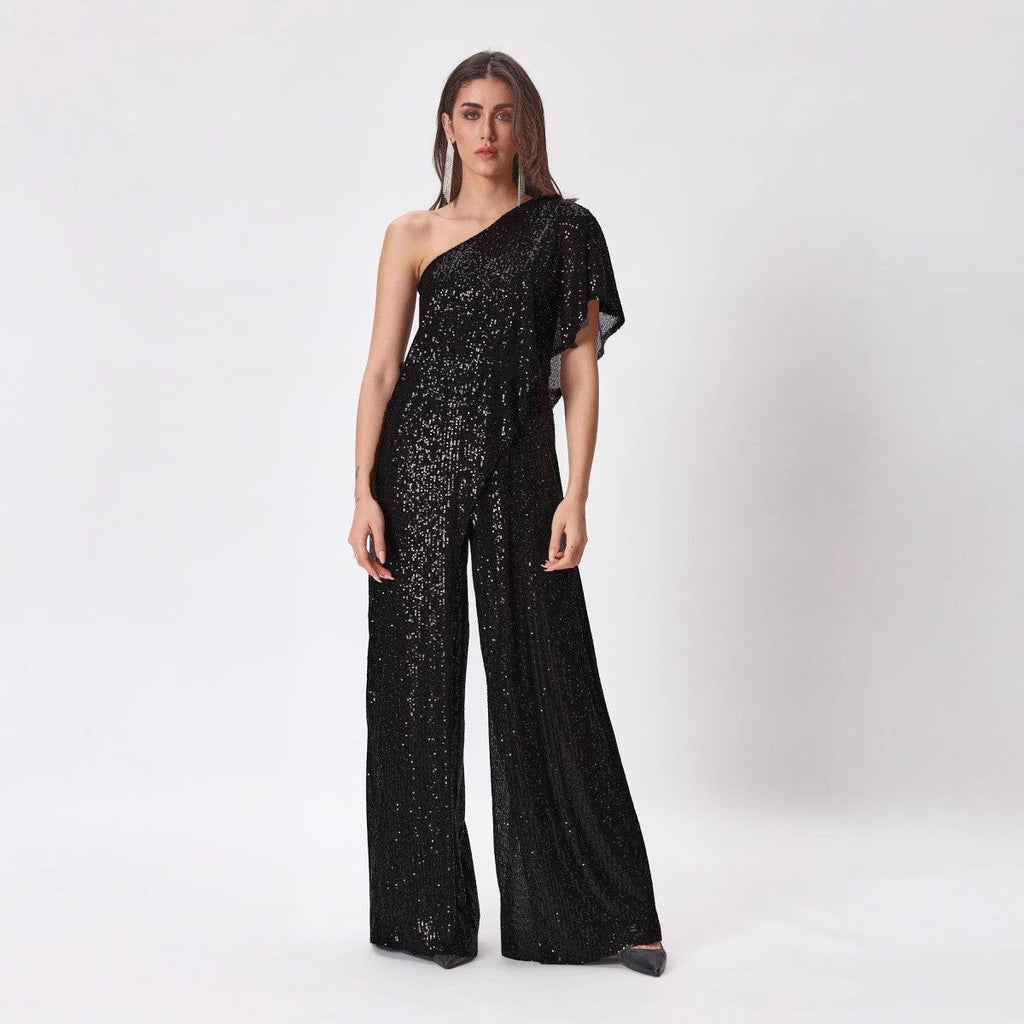 Women's One-Sided Sequin Jumpsuit with Wide-Leg Trousers, Size
