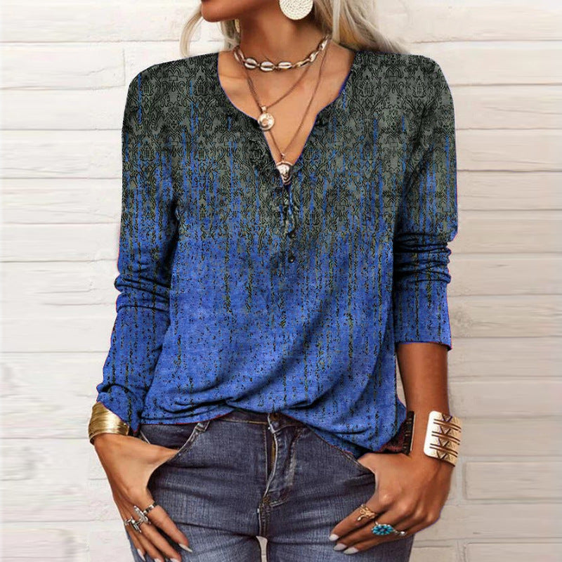 Women's long-sleeved shirt with detailed print and button placket, size