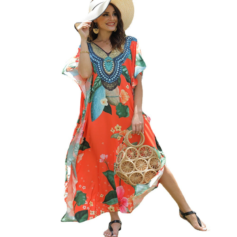 Women's beach kaftan with artistic floral pattern and decorative pearl embellishment, size GR