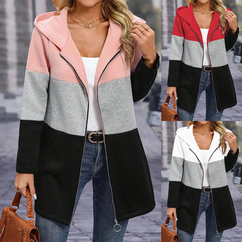 Women's hooded jacket with a modern color-block design and practical zip pockets, size