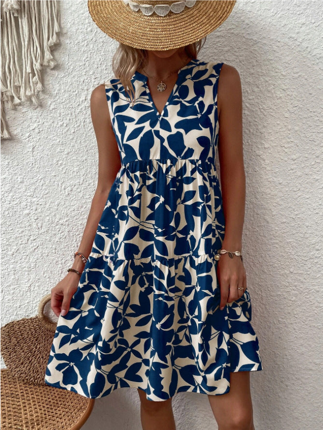 Damen luftiges ärmelloses Sommerkleid mit floralen Mustern und weitem Schnitt GR