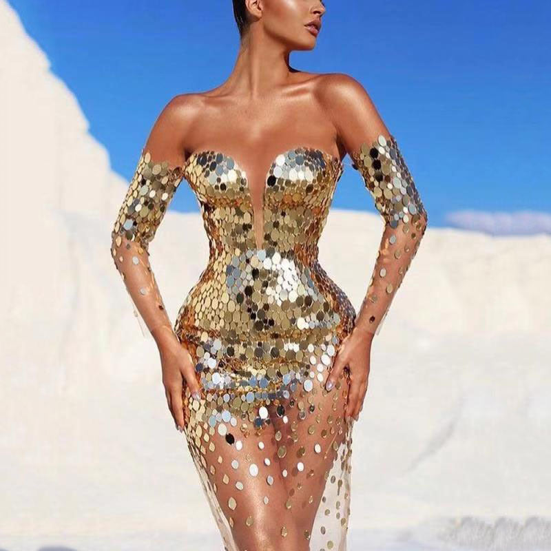 Women's glamorous party dress with sequins and deep neckline, size [size missing]