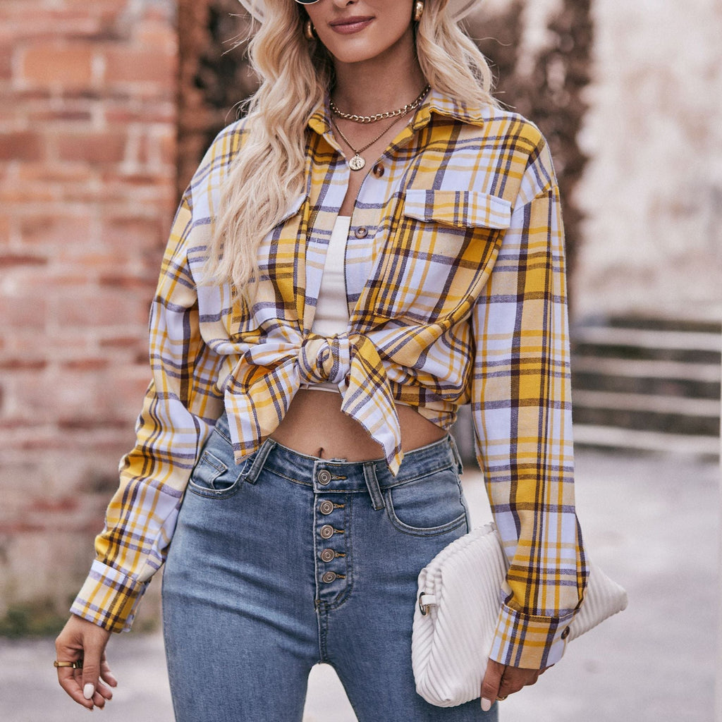 Women's checked shirt with button-up front design and casual knot detail, size GR