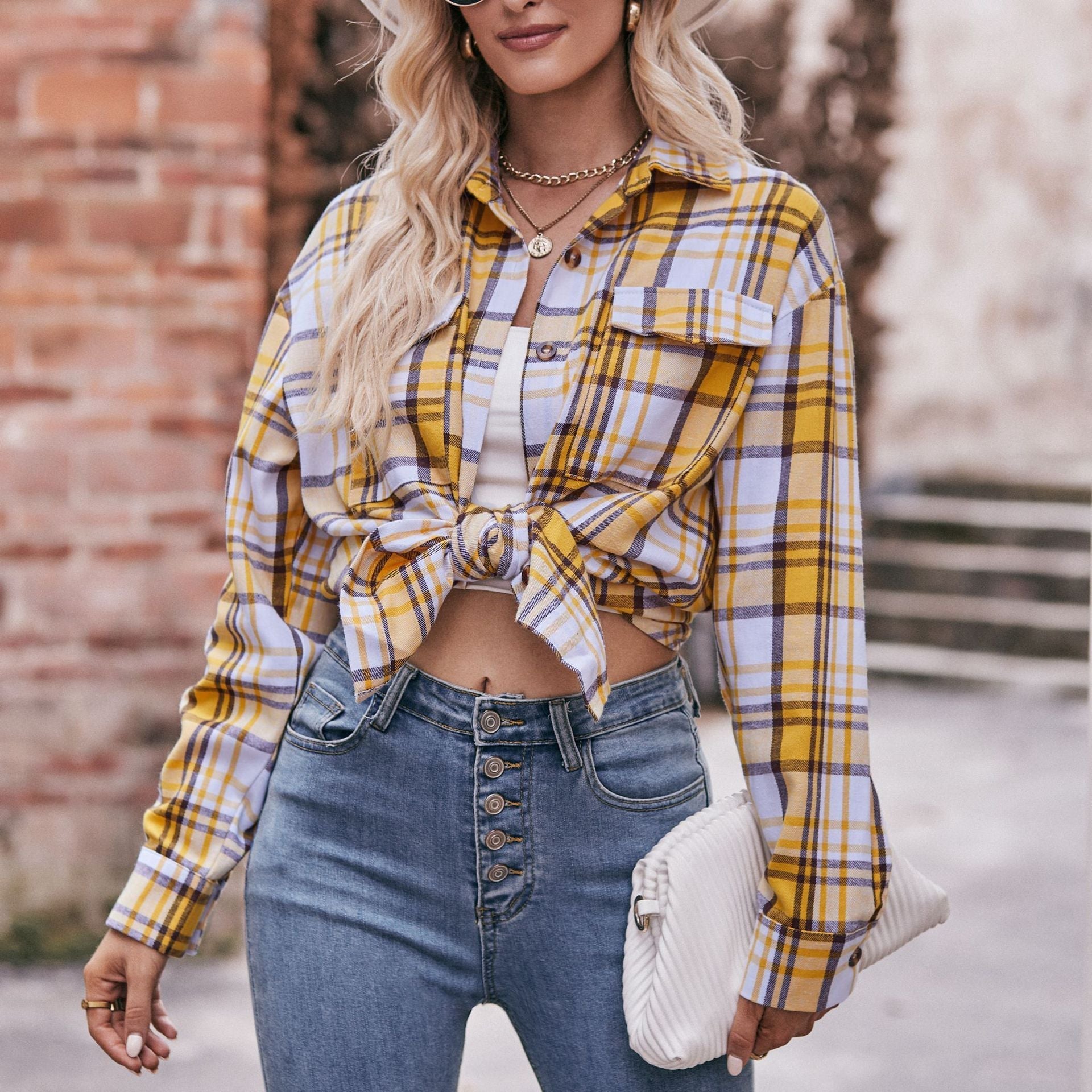 Women's checked shirt with button-up front design and casual knot detail, size GR