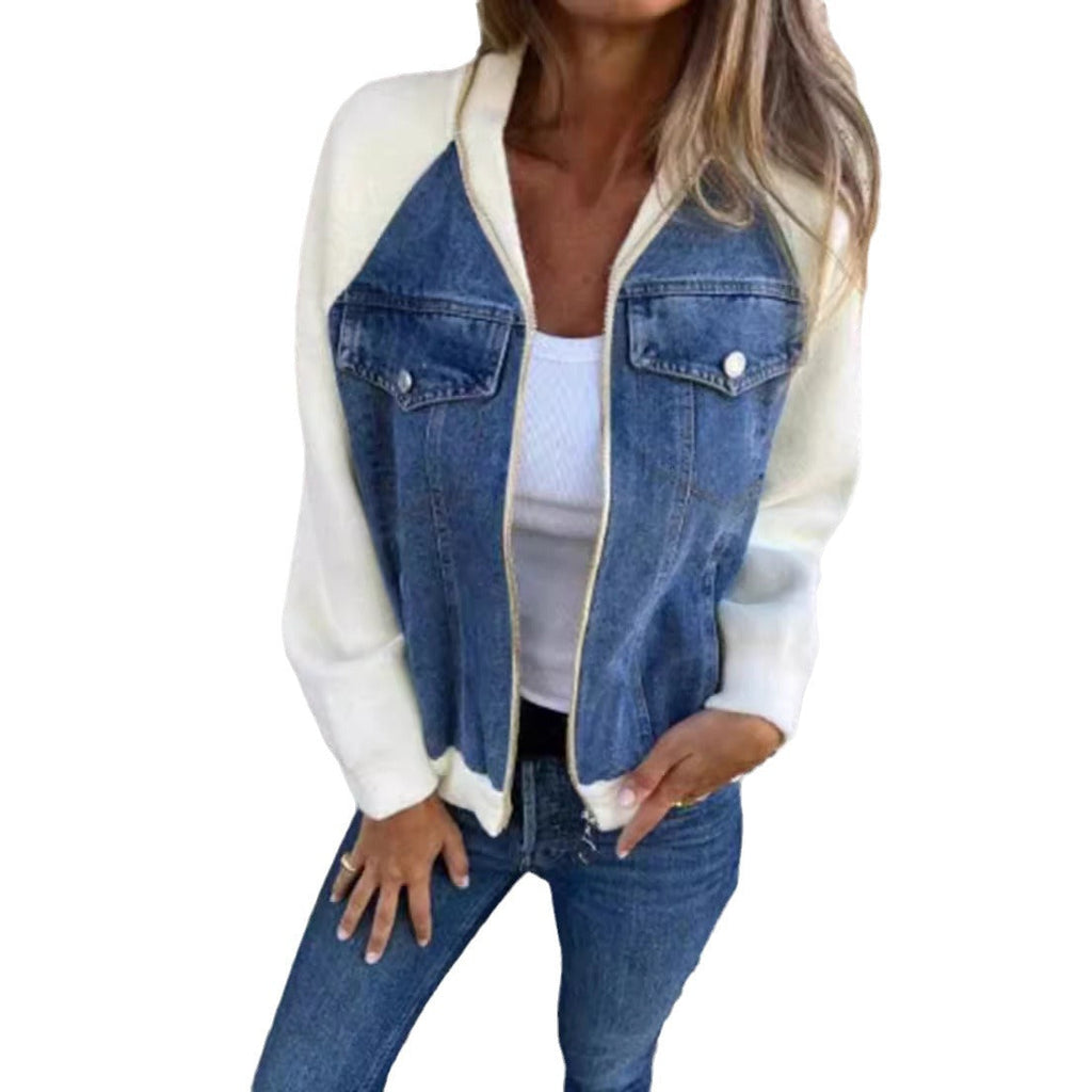 Women's denim jacket with contrasting sleeves and practical pockets, size S