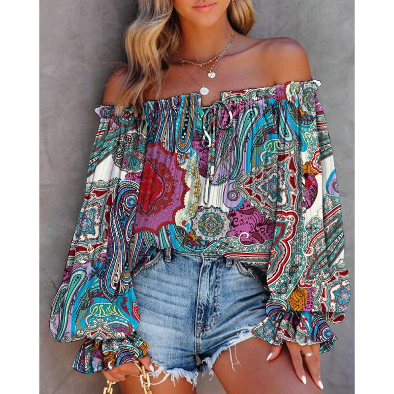 Damen Off-Shoulder Bluse mit buntem Muster und elastischem Saum GR