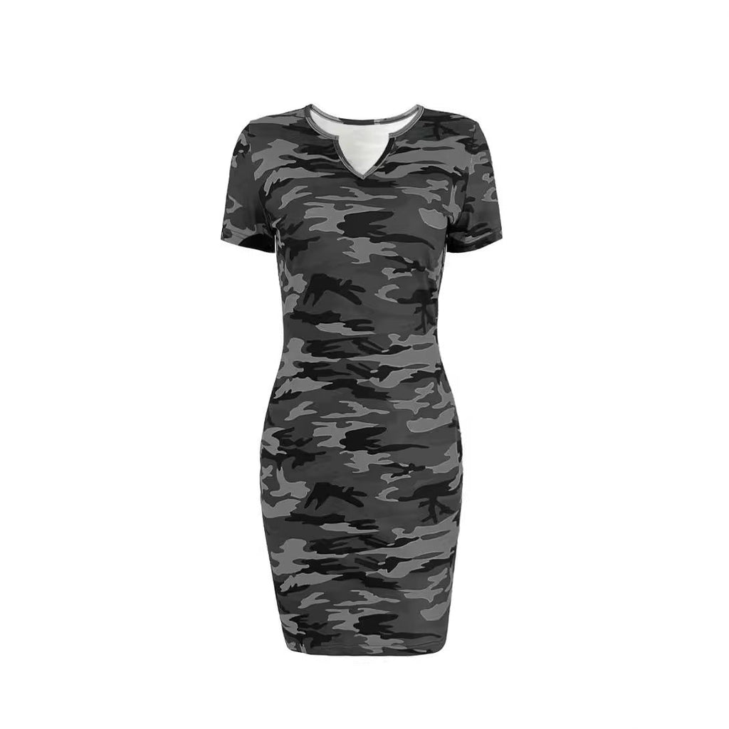 Damen Kurzarm Kleid im angesagten Camouflage-Stil mit figurbetontem Schnitt und V-Ausschnitt GR