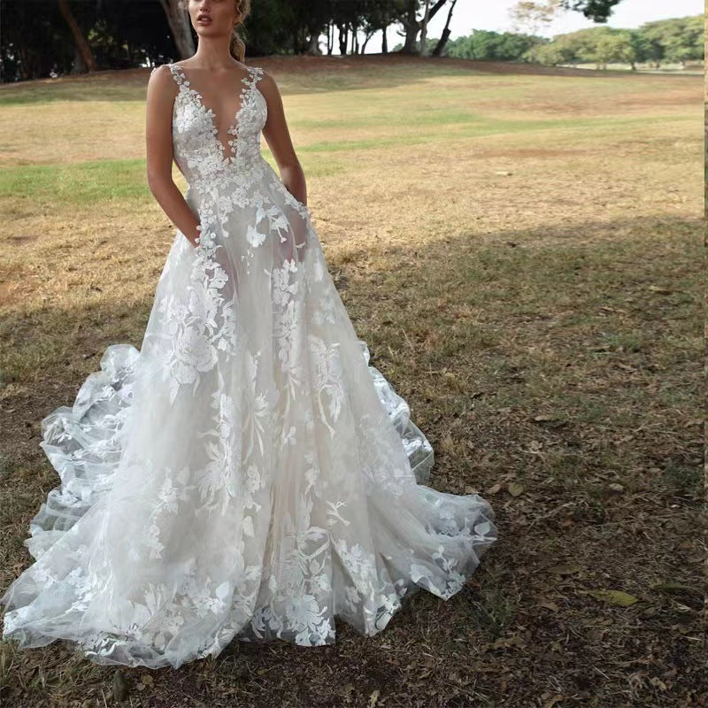 GR | Women's Clothing Tutu Lace Bridal Wedding Dress Sexy White Strappy Bridesmaid Dress