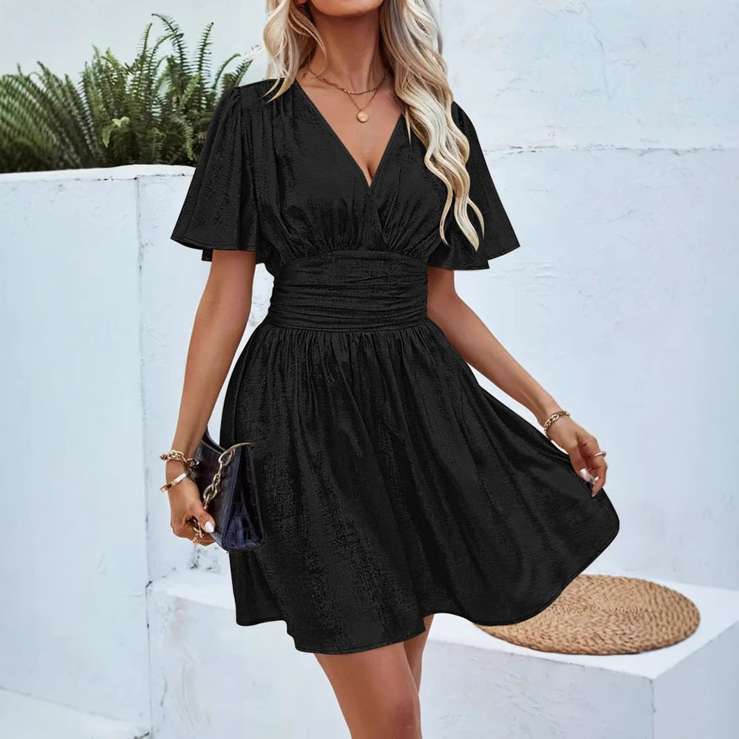 Damen Abendkleid mit schimmerndem V-Ausschnitt und voluminösen Ärmeln GR