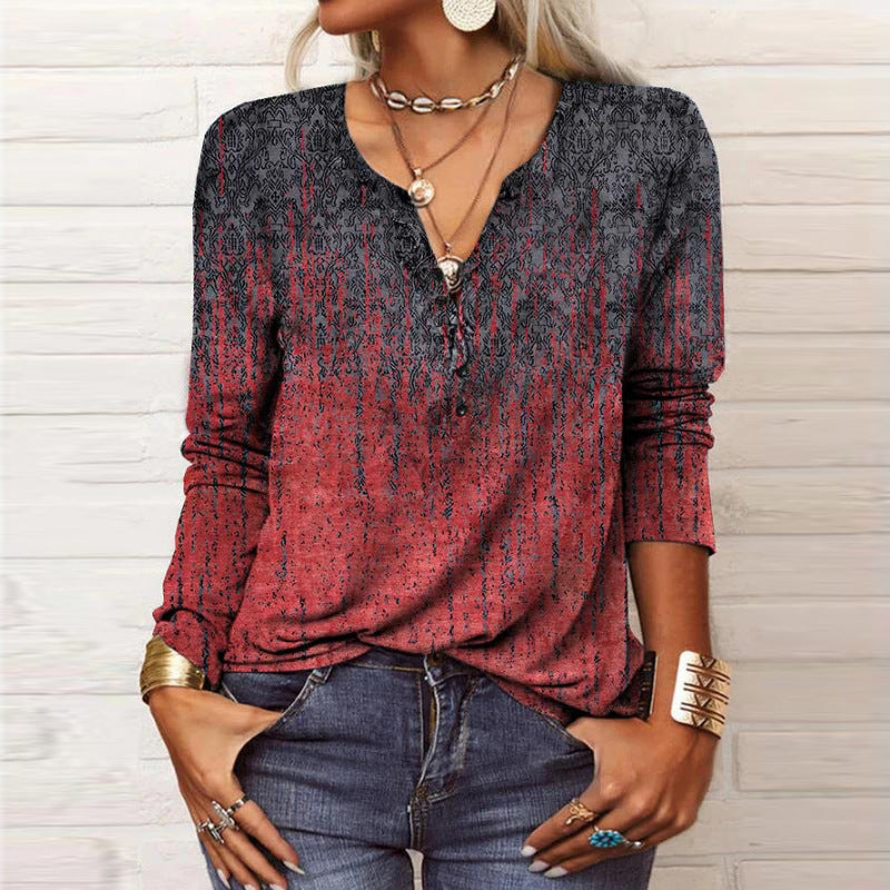Women's long-sleeved shirt with detailed print and button placket, size