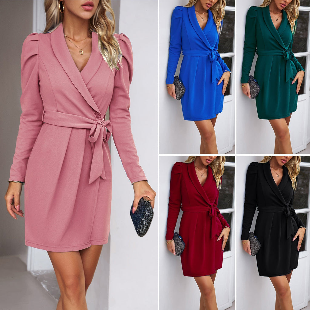 Women's wrap dress with elegant collar and adjustable belt, size