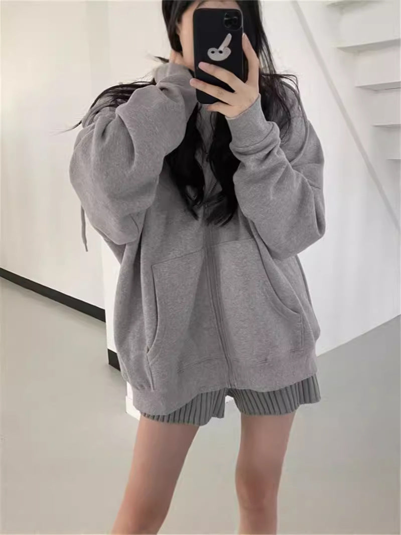 GR Zip-up Oversized Solid Pocket Hooded Long Sleeve Loose Baseball Jacket