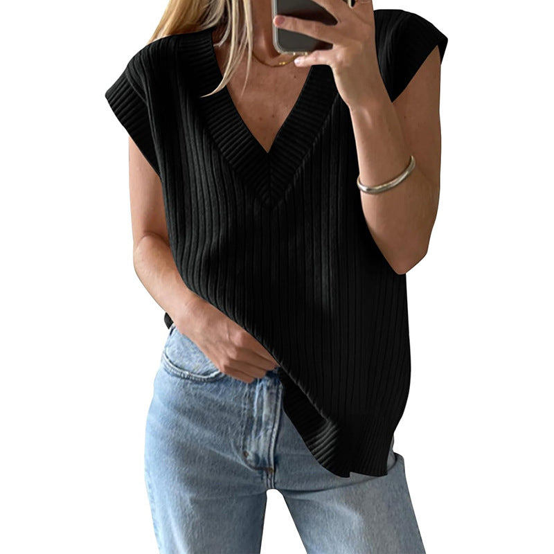 Women's casual V-neck ribbed knit top, size