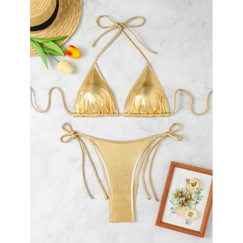Women's triangle bikini with sparkling metallic finish and adjustable straps, size [size]