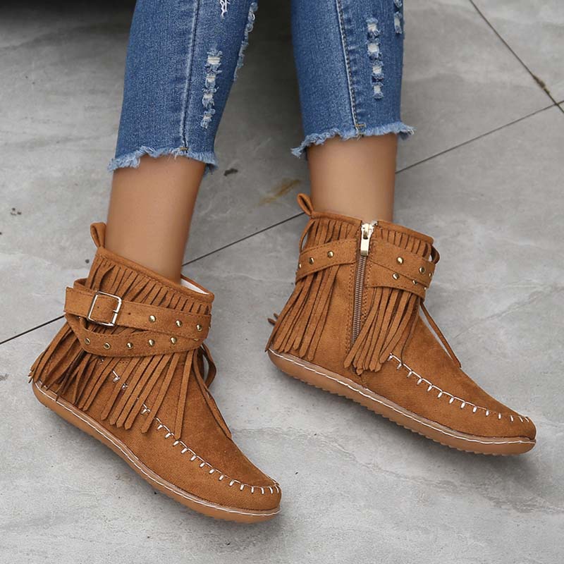 GR | Boho ankle boots with fringes and buckles for women