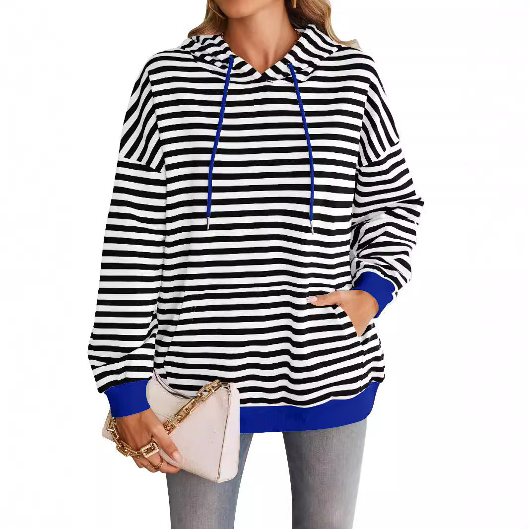 Damen gestreifter Kapuzenpullover mit stylischer Kängurutasche GR