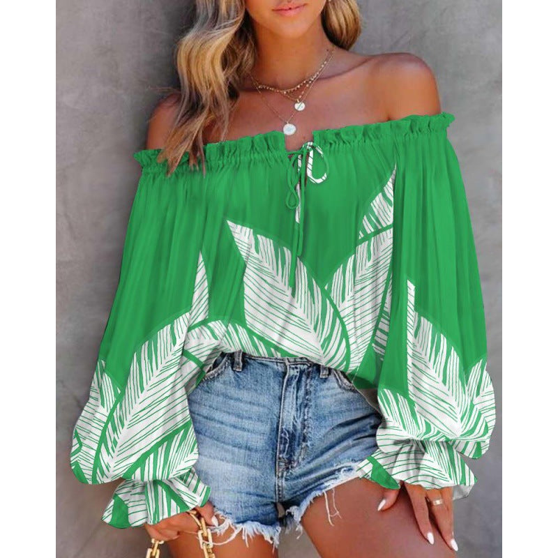 Damen Off-Shoulder Bluse mit buntem Muster und elastischem Saum GR
