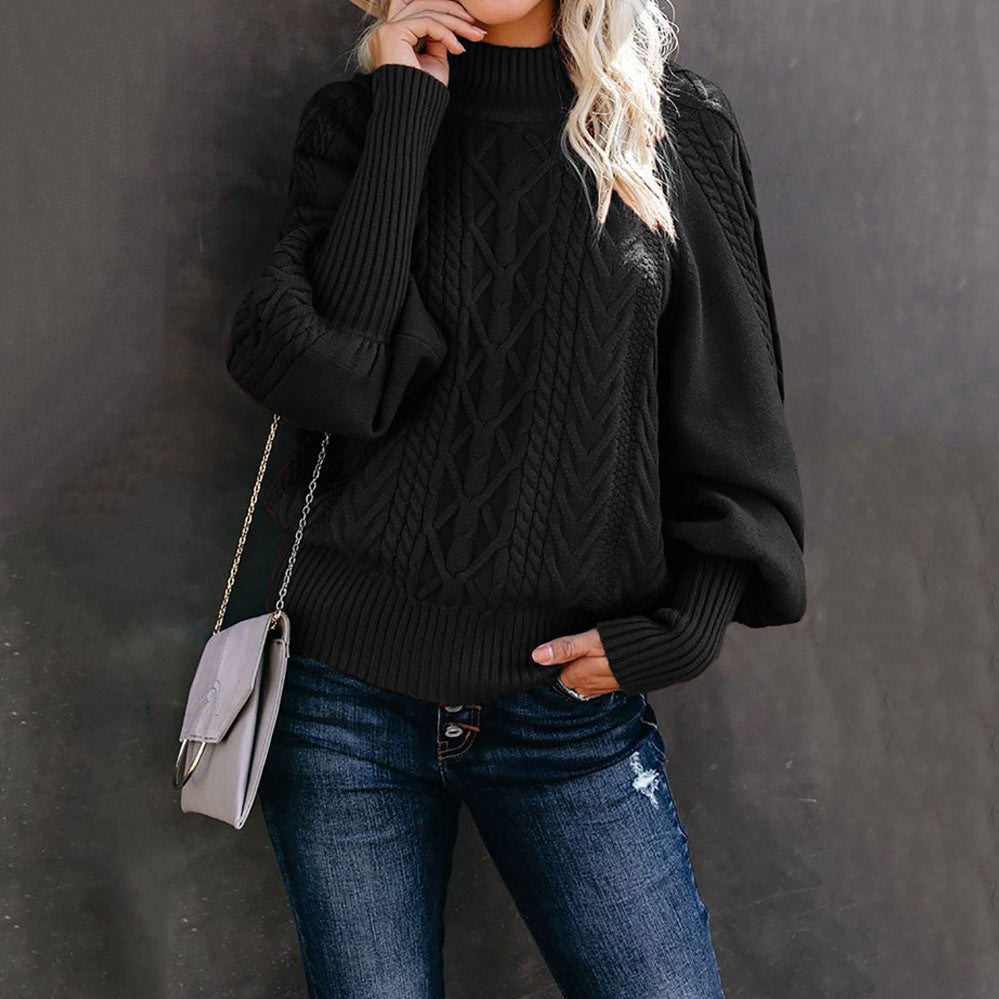 Women's chunky knit sweater with high collar and balloon sleeves, size