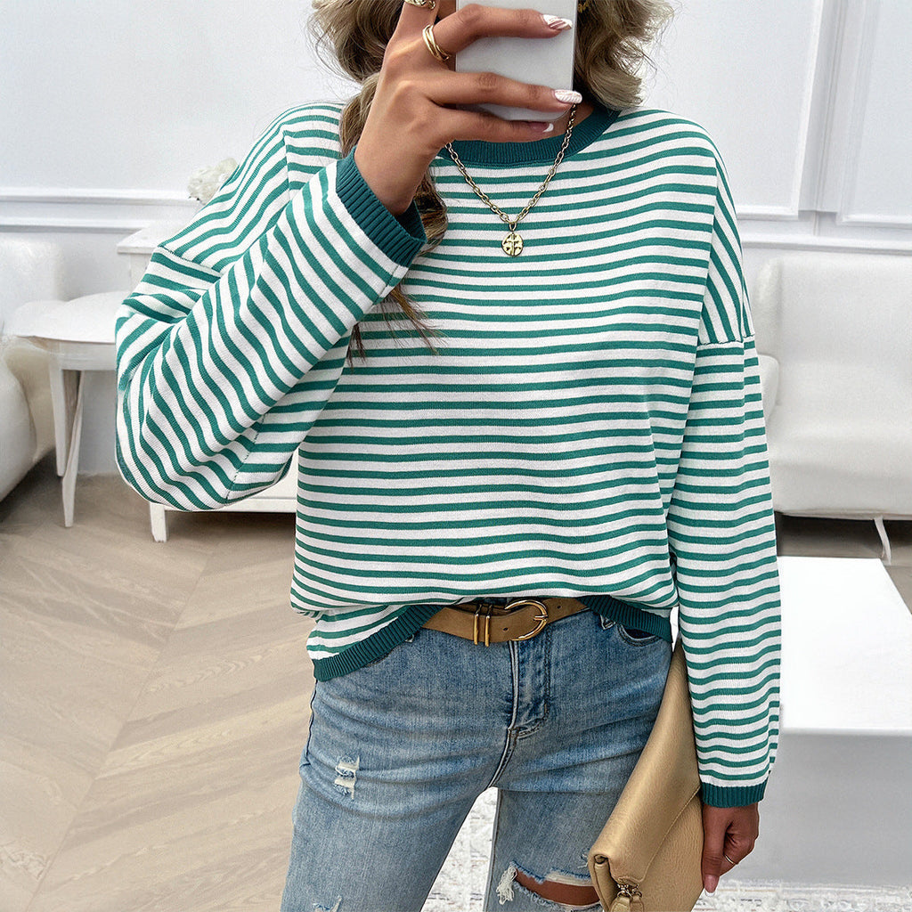 Women's casual striped sweater with colored accents, size