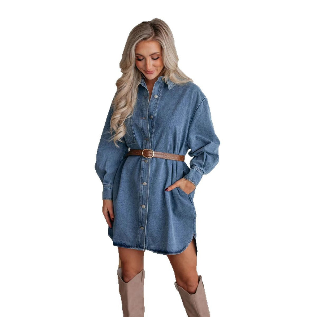 Women's denim shirt dress with exclusive belt and practical pockets, size