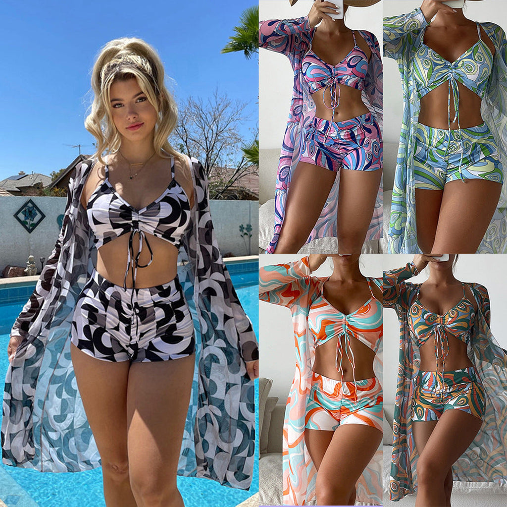 Women's bikini set with beautiful tie belt and floral kimono, size S