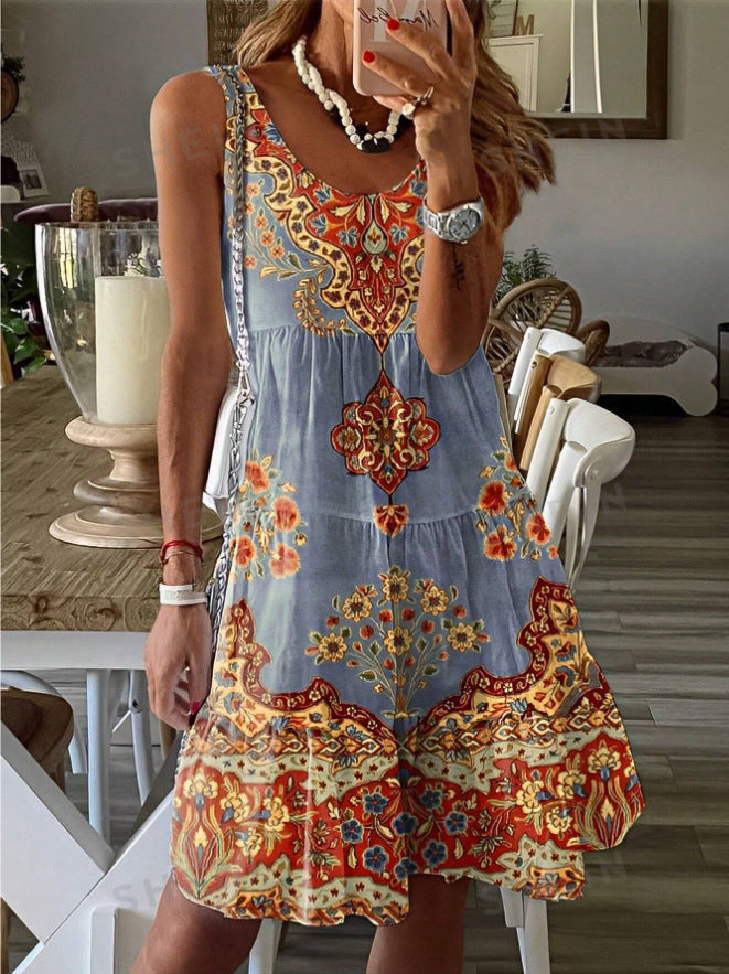 Damen luftiges Sommerkleid mit charmantem Print und fließendem Schnitt GR