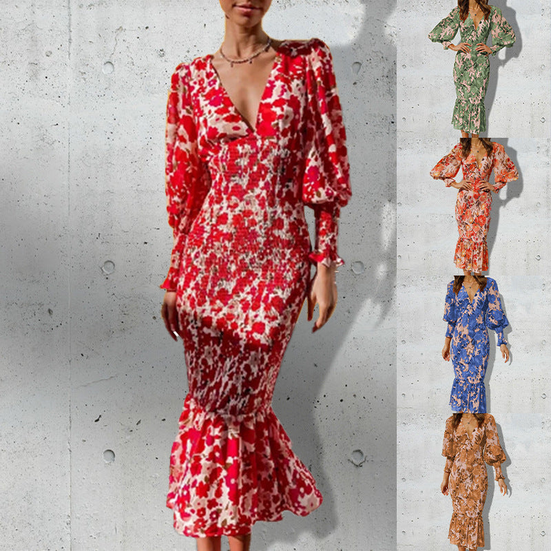 Women's floral print dress with voluminous sleeves, size [size missing]