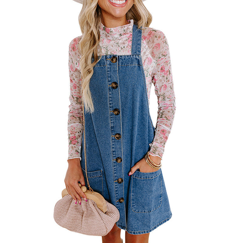 Damen Jeans-Latzkleid mit praktischen Taschen und Knopfdetails GR