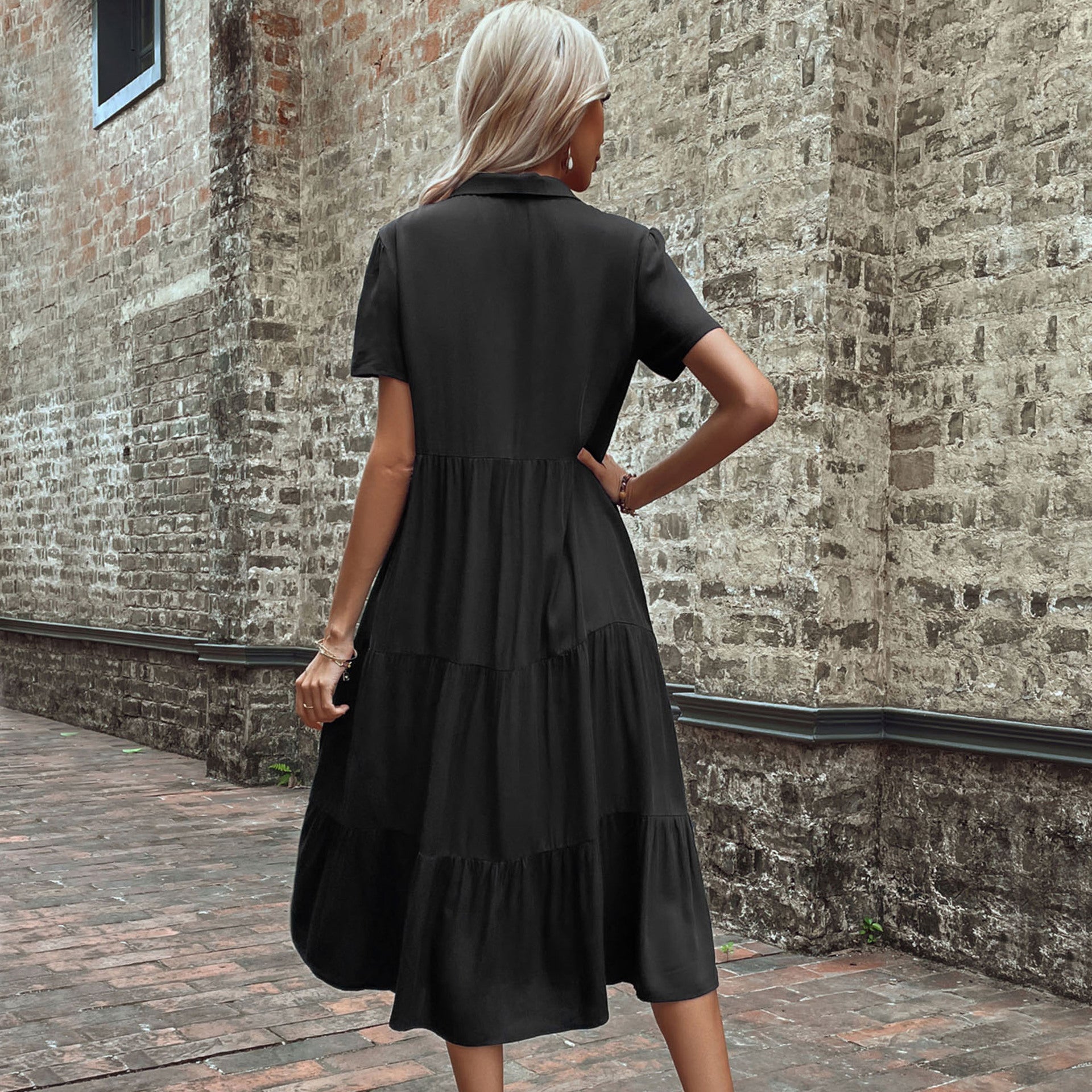 Damen Hemdblusenkleid mit eleganten Knopfdetails und voluminösem Rock GR