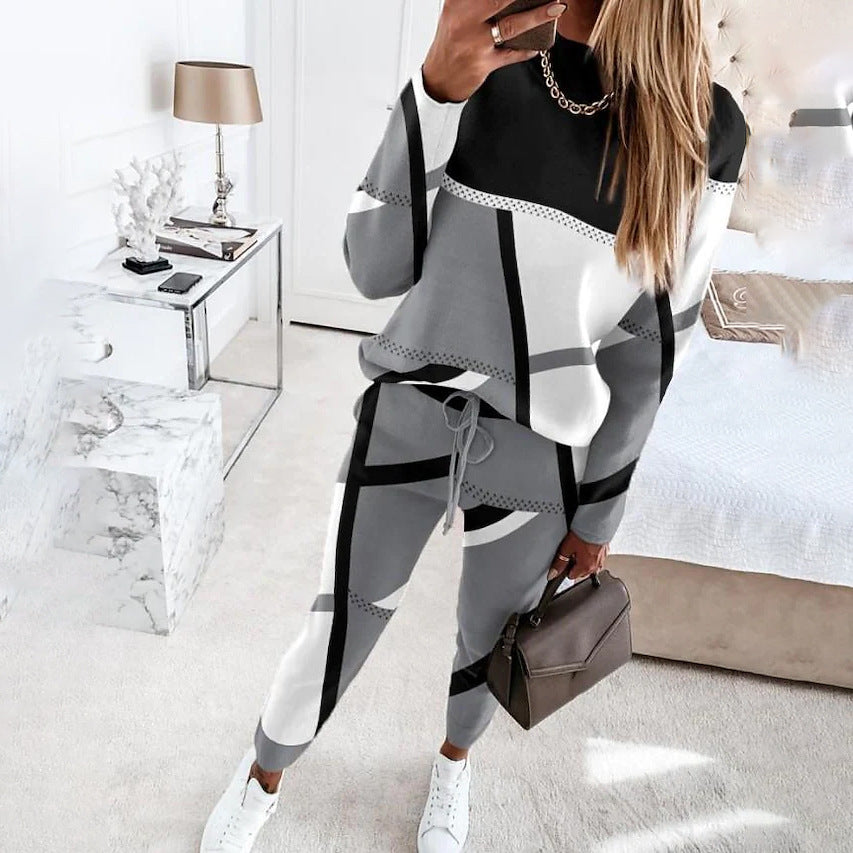 Damen modisches Sportset mit grafischem Muster und elastischem Bund GR