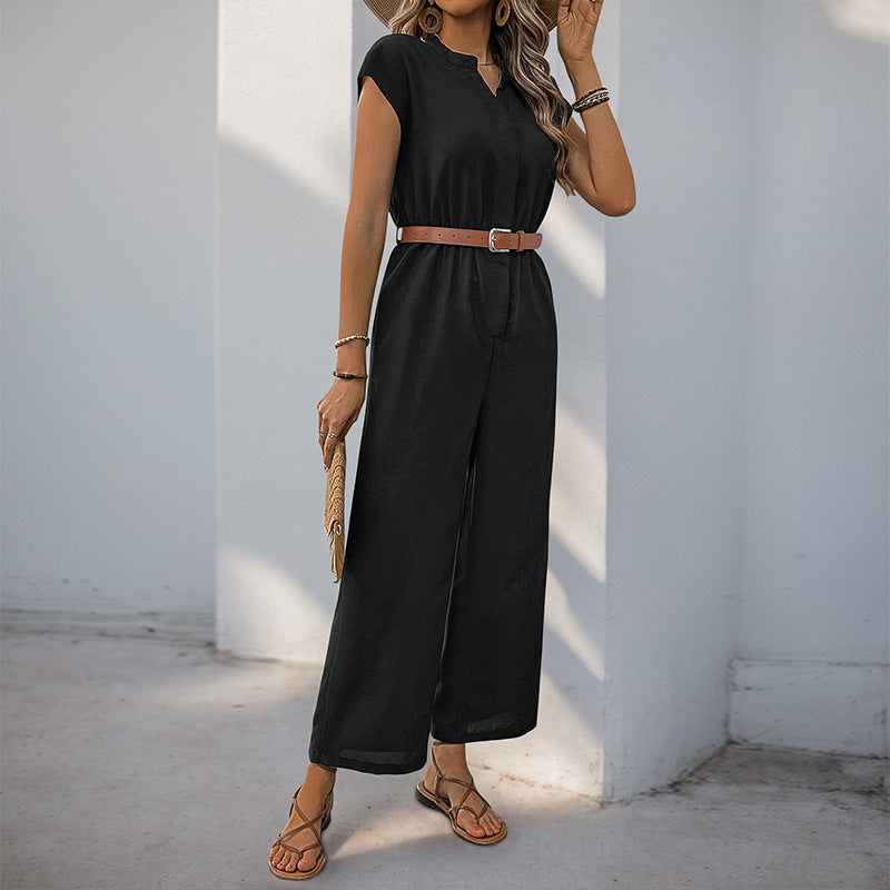 Women's jumpsuit with elegant waist belt and modern V-neck, size