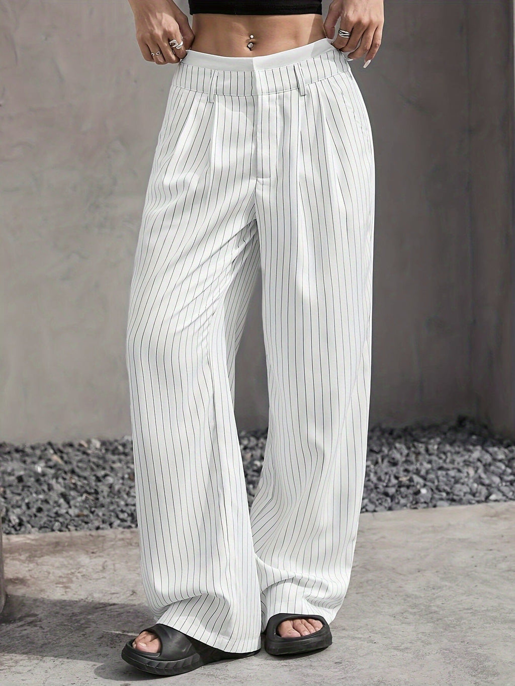 Women's Elegant Wide-Leg Pinstripe High-Waisted Trousers, Size